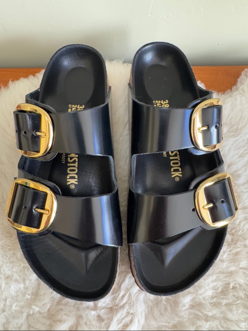Black Birkenstock-style Double Buckle Sandals with Gold Buckles